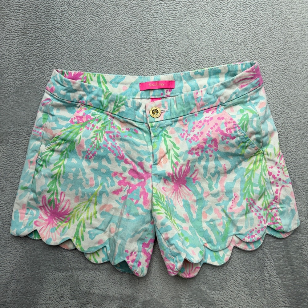 Lilly Pulitzer Buttercup Scallop Shorts Womens 0 Blue Pink Floral Print 3in